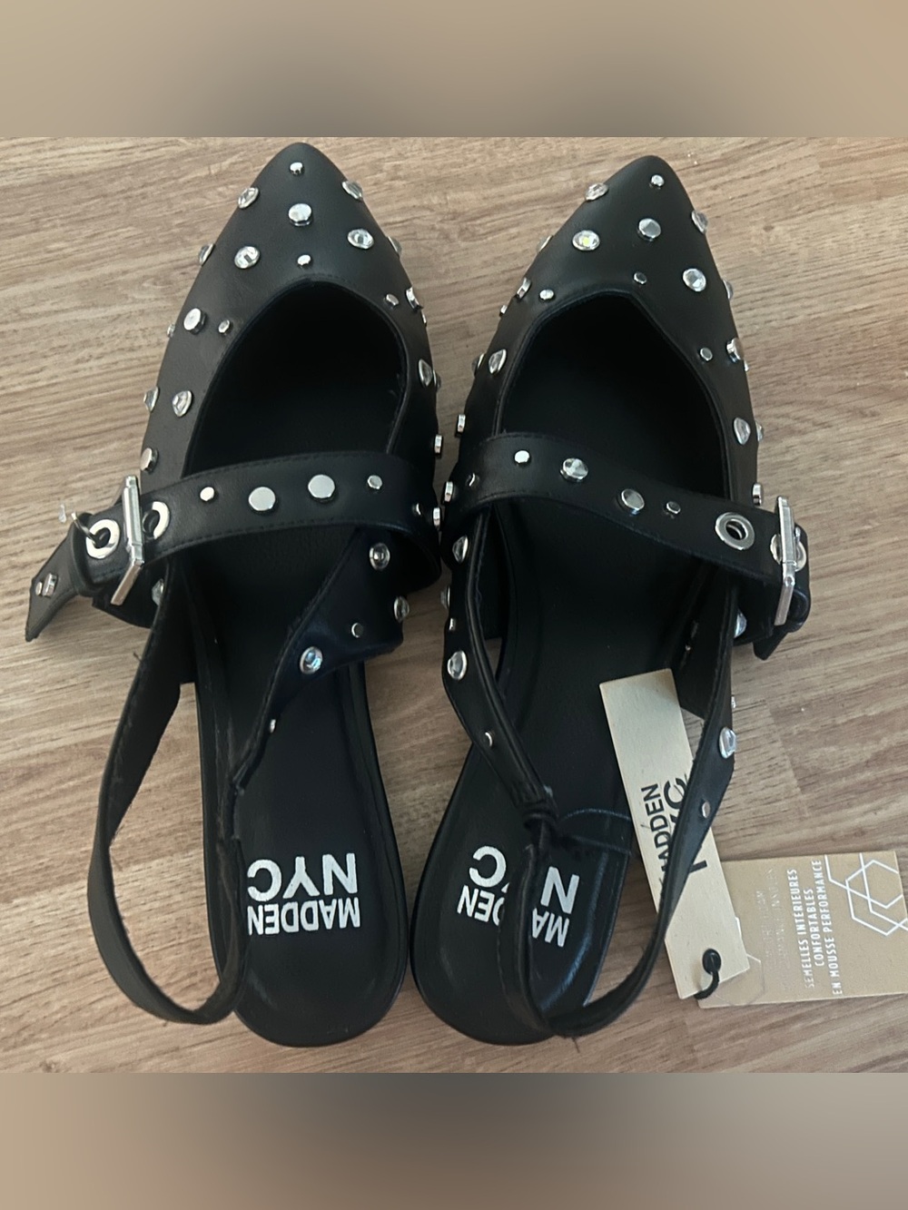 NWT Black Studded Jewel Embellished Slingback Flats • Size 9 • Madden NYC